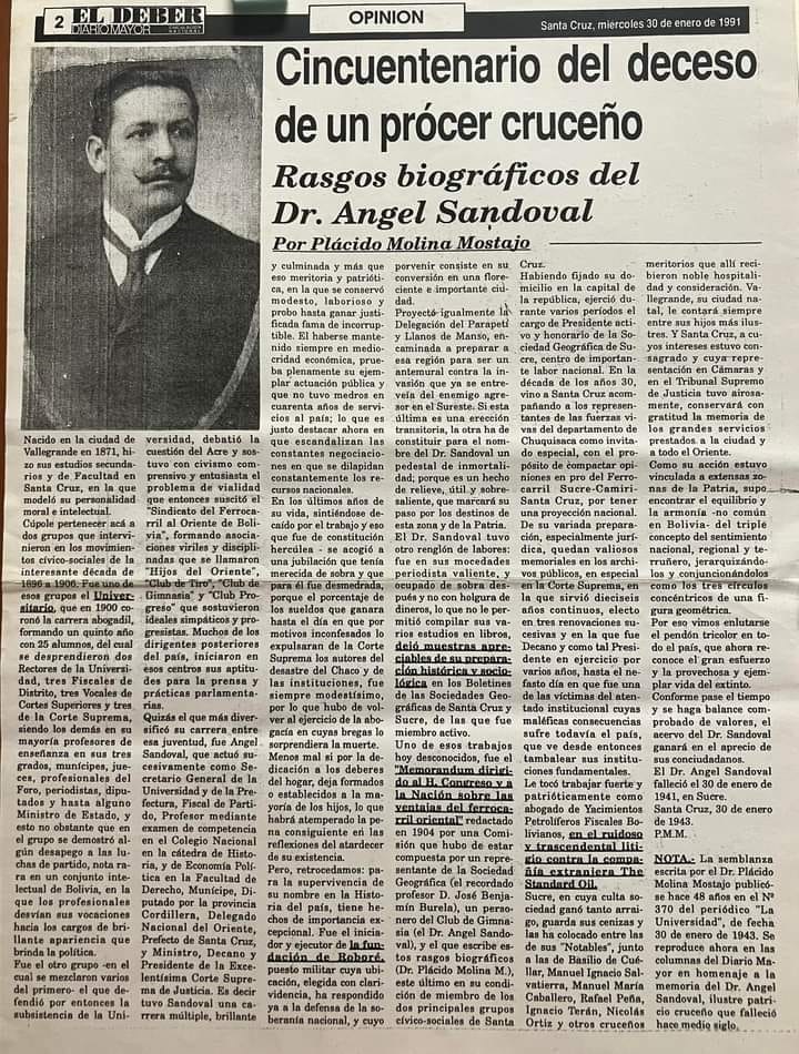 Artículo sobre el Dr. Ángel Sandoval Peña, escrito por por Plácido Molina Mostajo.