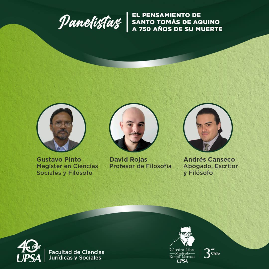 Anuncio 2 del panel sobre el pensamiento de Santo Tomás de Aquino en el salón auditorio de la UPSA.