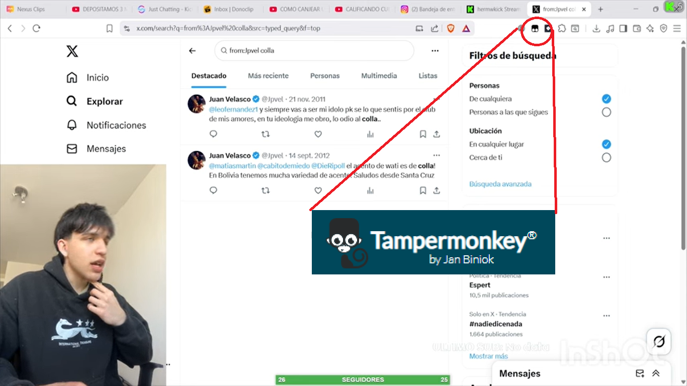 Cuenta de X de Velasco falsificada con Tampermonkey.