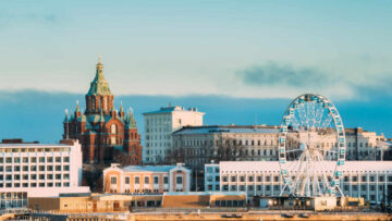Helsinki, Finland. View Of Uspenski Cathedral On Hill And Ferris Wheel At Winter Day. Eastern Orthodox Cathedral Dedicated To Dormition Of The Theotokos Virgin Mary.